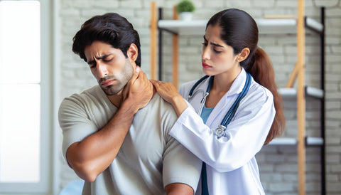 Doctor checking a patient who is holding his neck