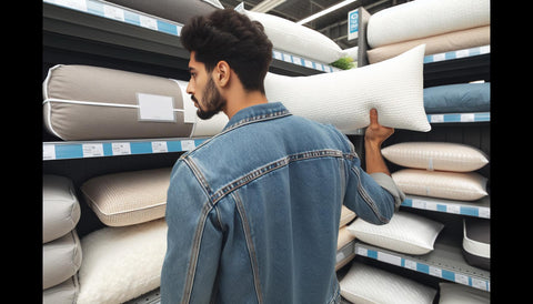 Man looking at different pillows, comparing them.