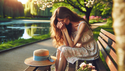 Woman sitting on bench crying