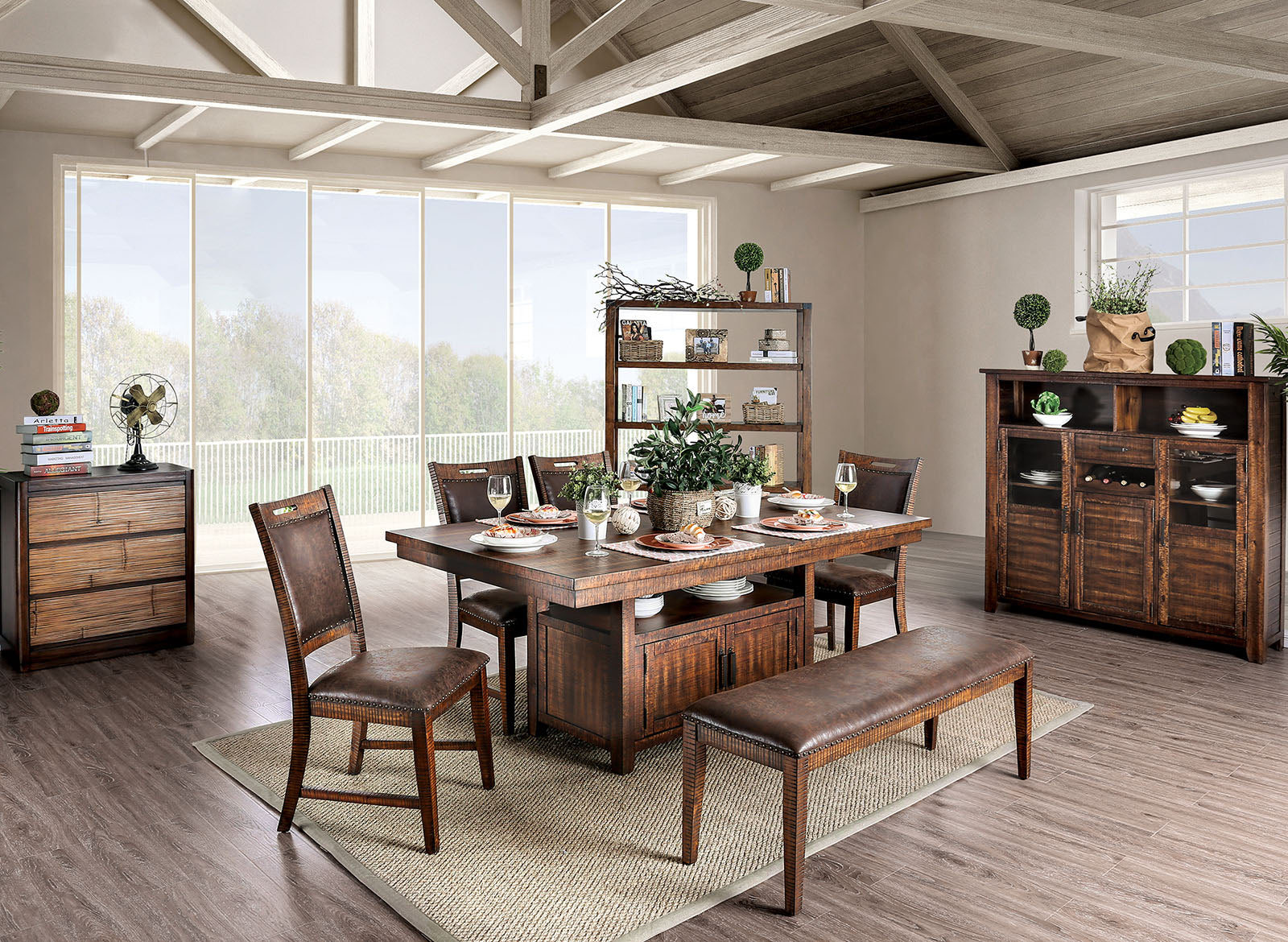 Furniture Of America Wichita Distressed Dark Oak Rustic 7-Piece Dining Table Set Model CM3061T-7PC