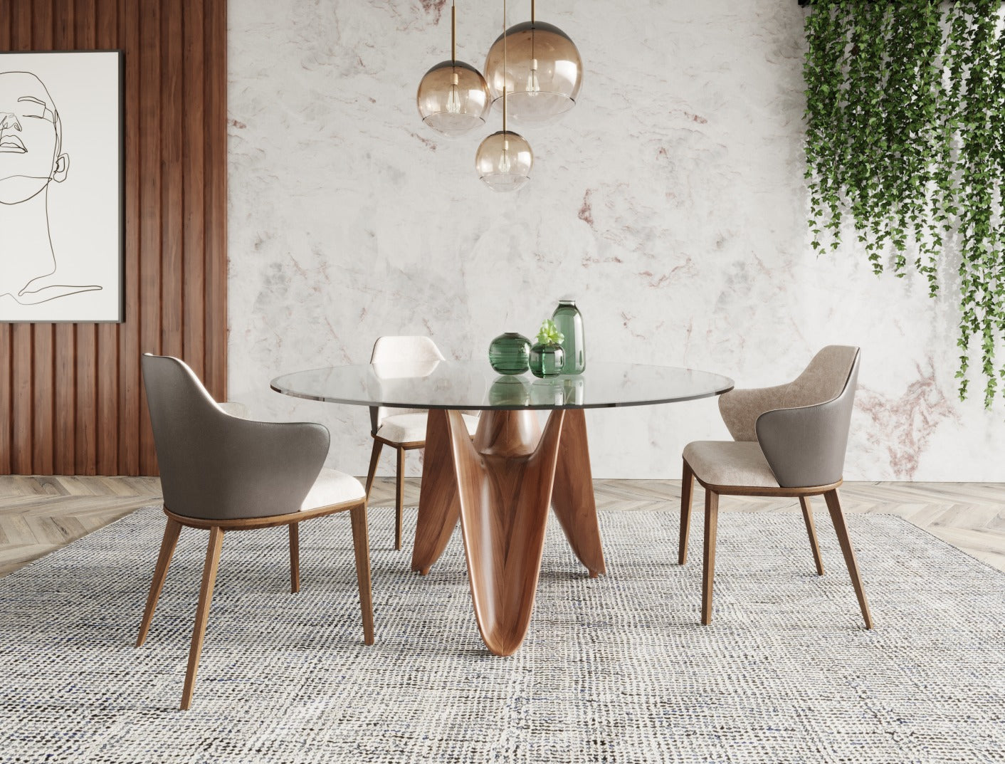 Modrest Seguin Round Glass & Walnut Dining Table