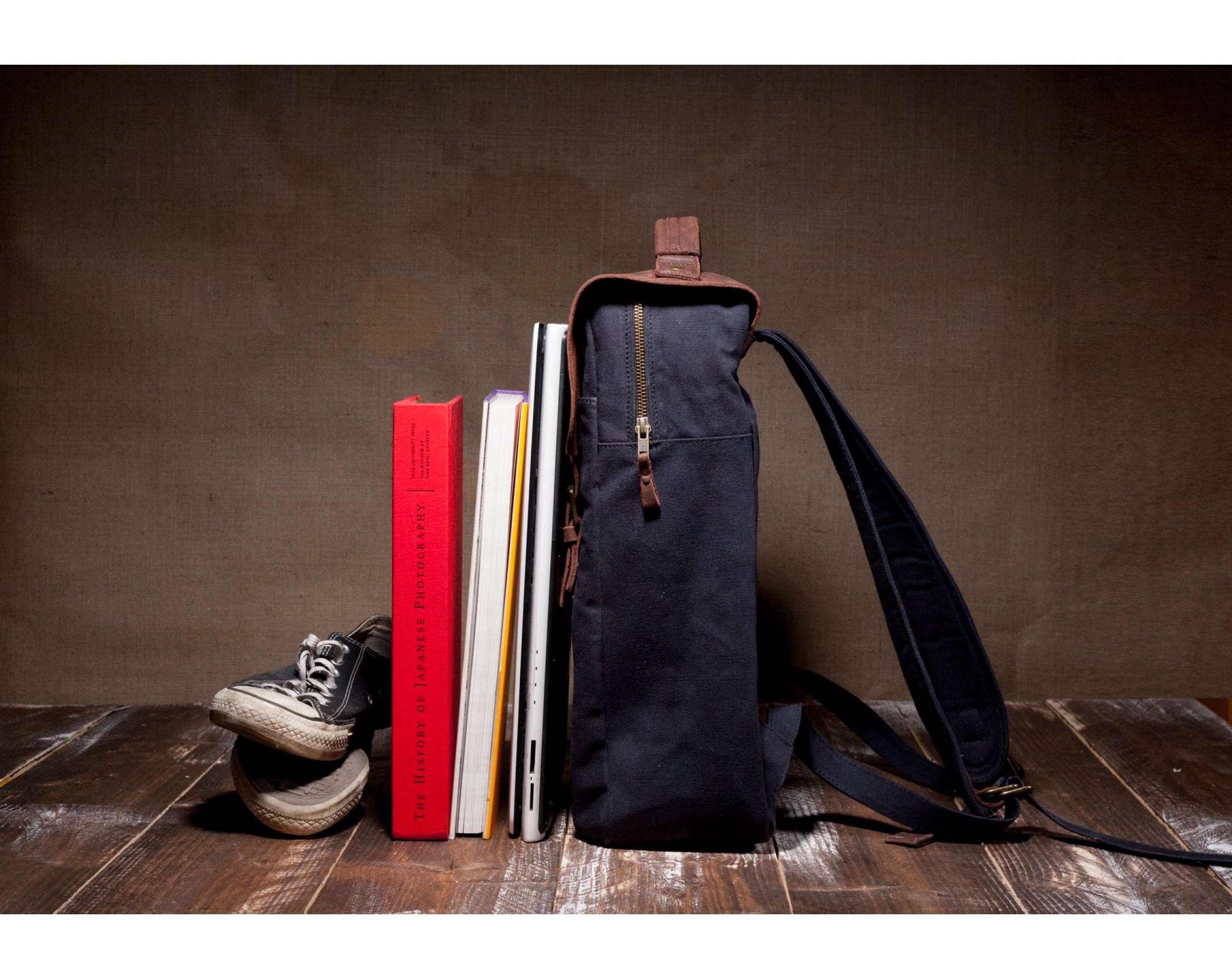 Leather Flap Backpack Navy Blue