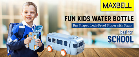 Bus Shaped School Water Bottle for Kids with Sipper Straw and Leak Proof