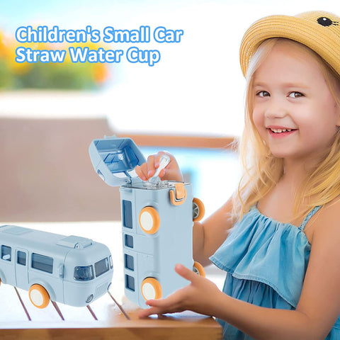 Bus Shaped Water Bottle for kids with moving wheels and straw, leakproof design