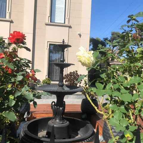 A cast iron water feature in a garden setting with pump