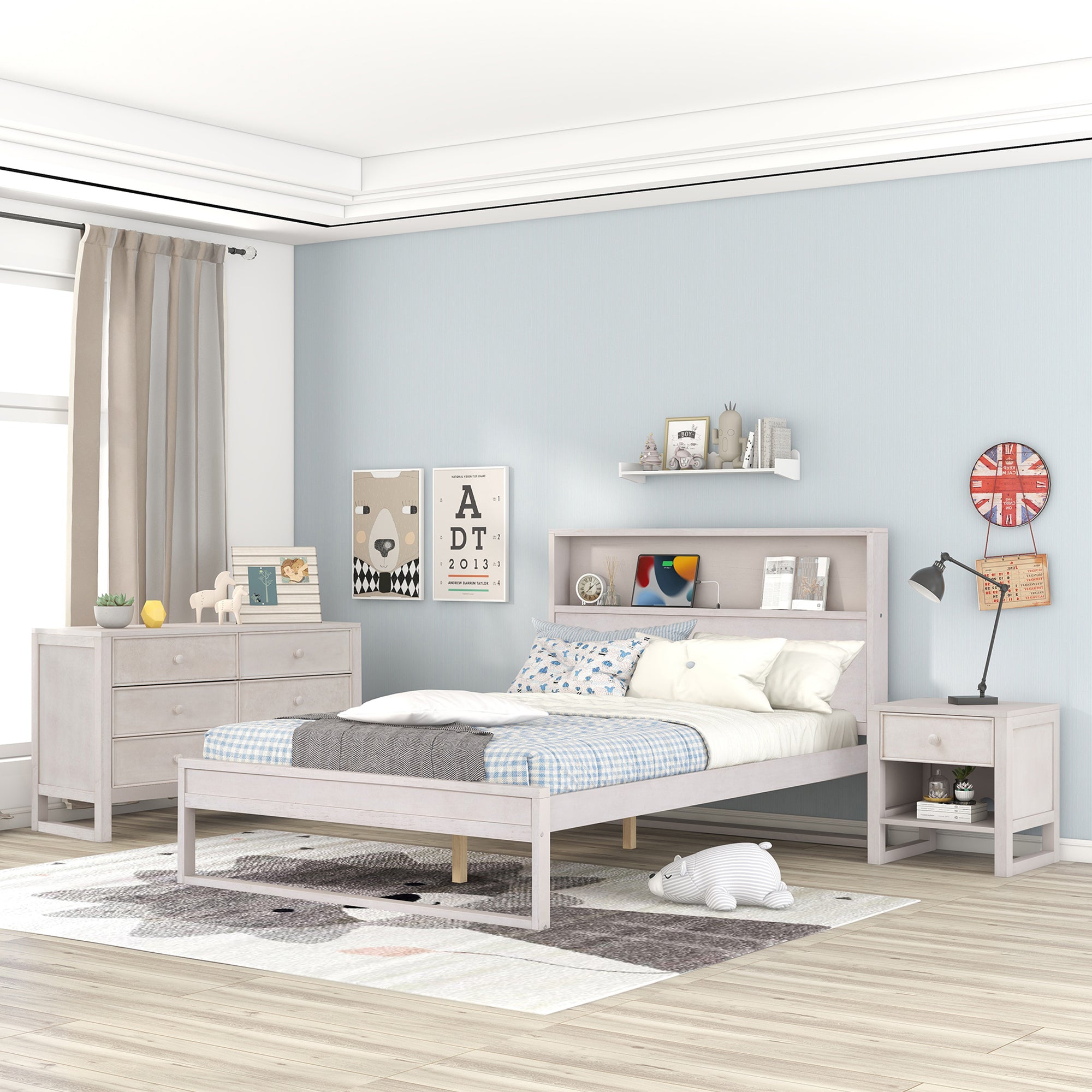 3-Pieces Bedroom Sets Full Size Platform Bed with Nightstand and Dresser, Antique White