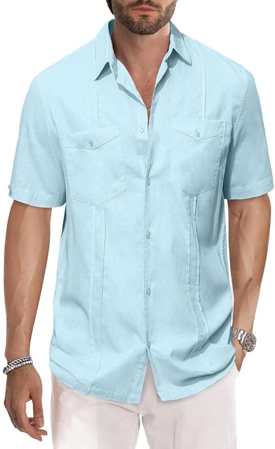 JMIERR Men's Linen Shirts Short Sleeve Button Up Cuban Casual Summer Beach Guayabera Shirt