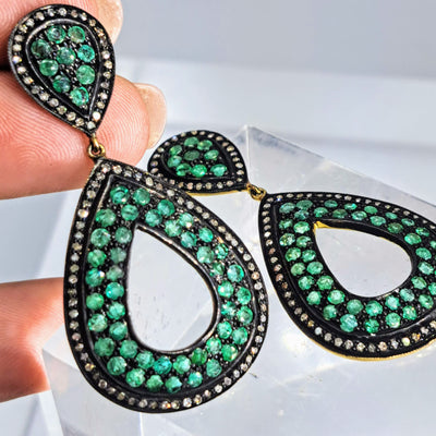 "Emerald Eyes" Earrings - Emerald, Diamond, Post Dangle, .925