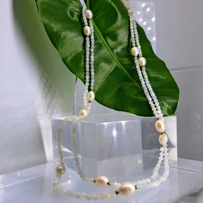 "Many Moons" 60" Necklace - Moonstone, Pearls, Gold Hematite