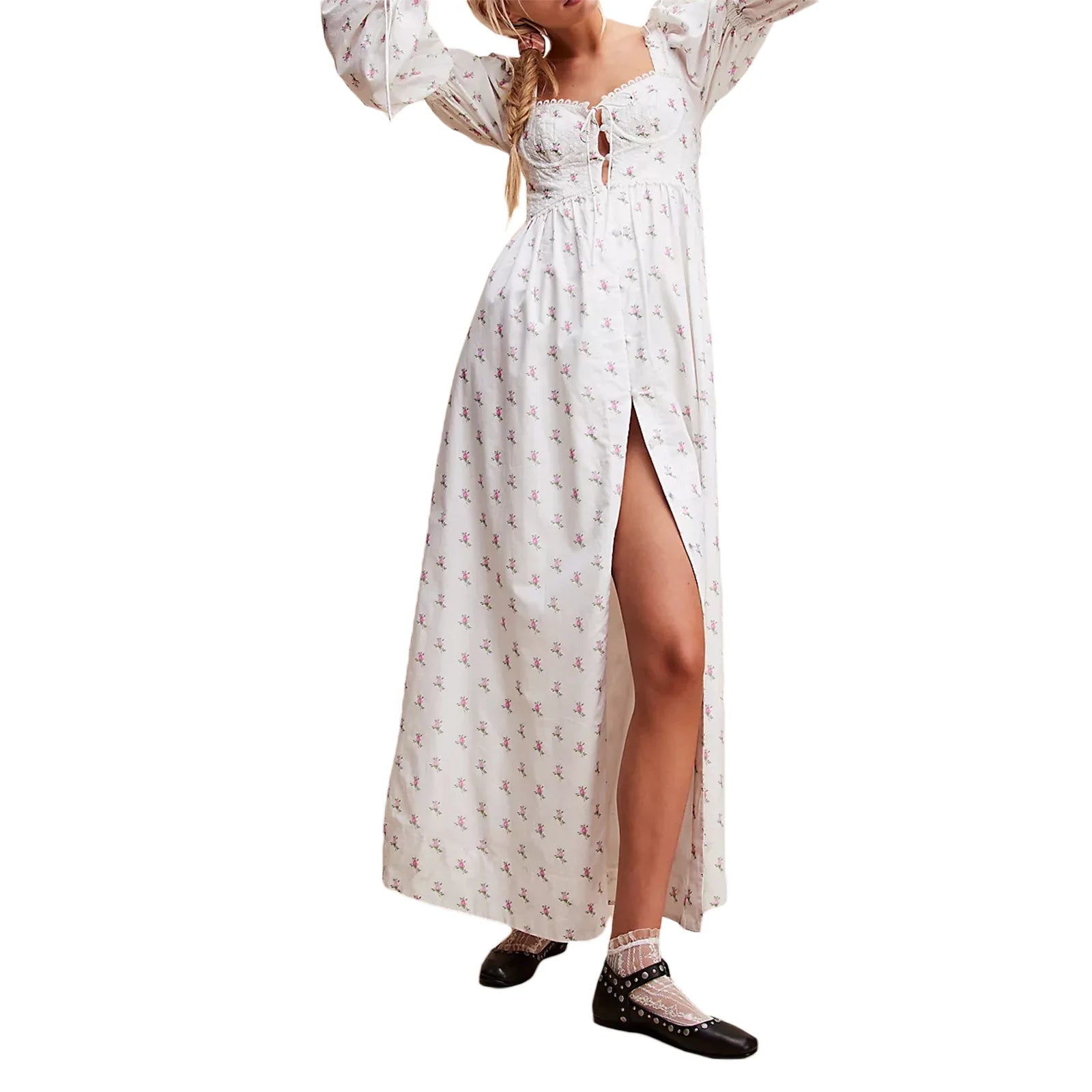 Floral Print Cross Tie-Up Maxi Dress with Puff Sleeves