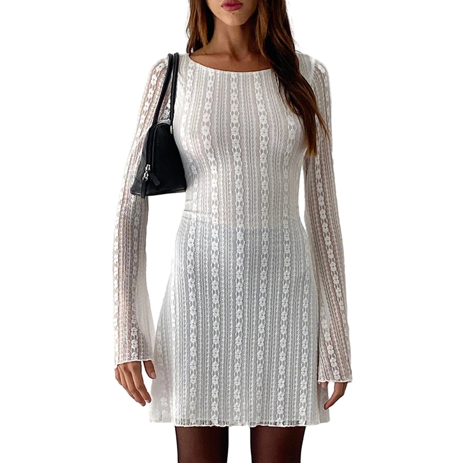 Sparkling Rhinestone Mini Party Dress - Long Sleeve Square Neck Cocktail Dress for Women