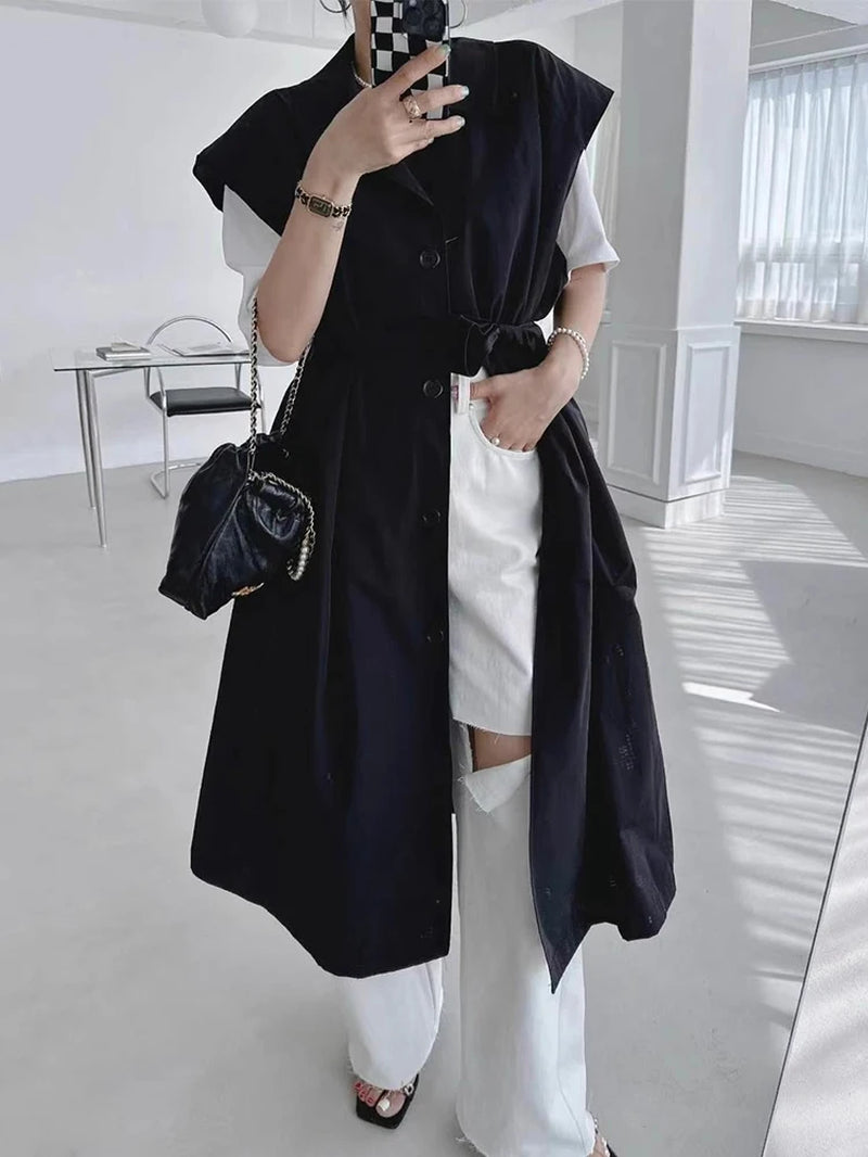 Chic Lace-Up Lapel Vestidos: Summer Korean Waist Slim Dress