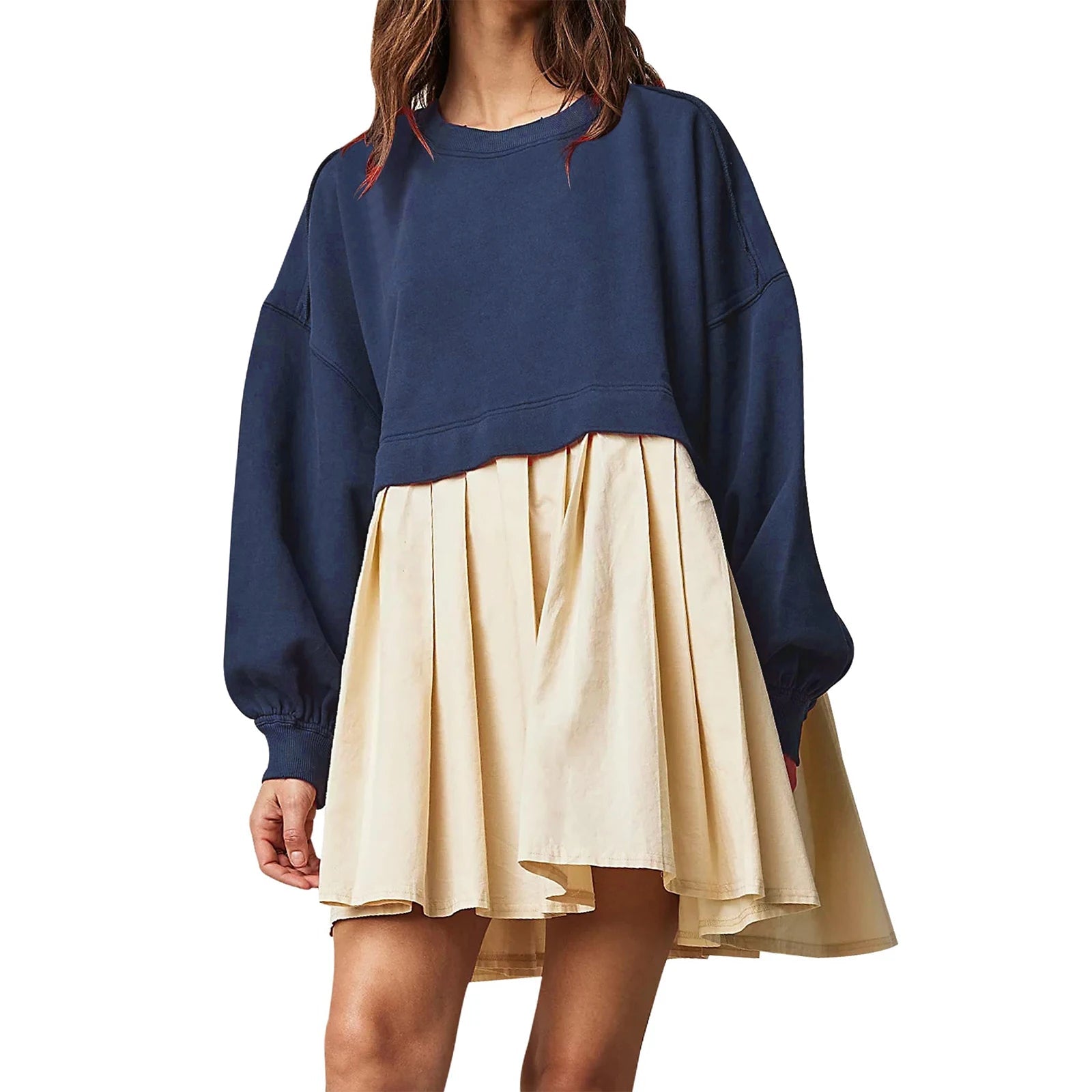 Oversized Patchwork Sweatshirt Dress - Cozy Round-Neck Mini Dress for Women