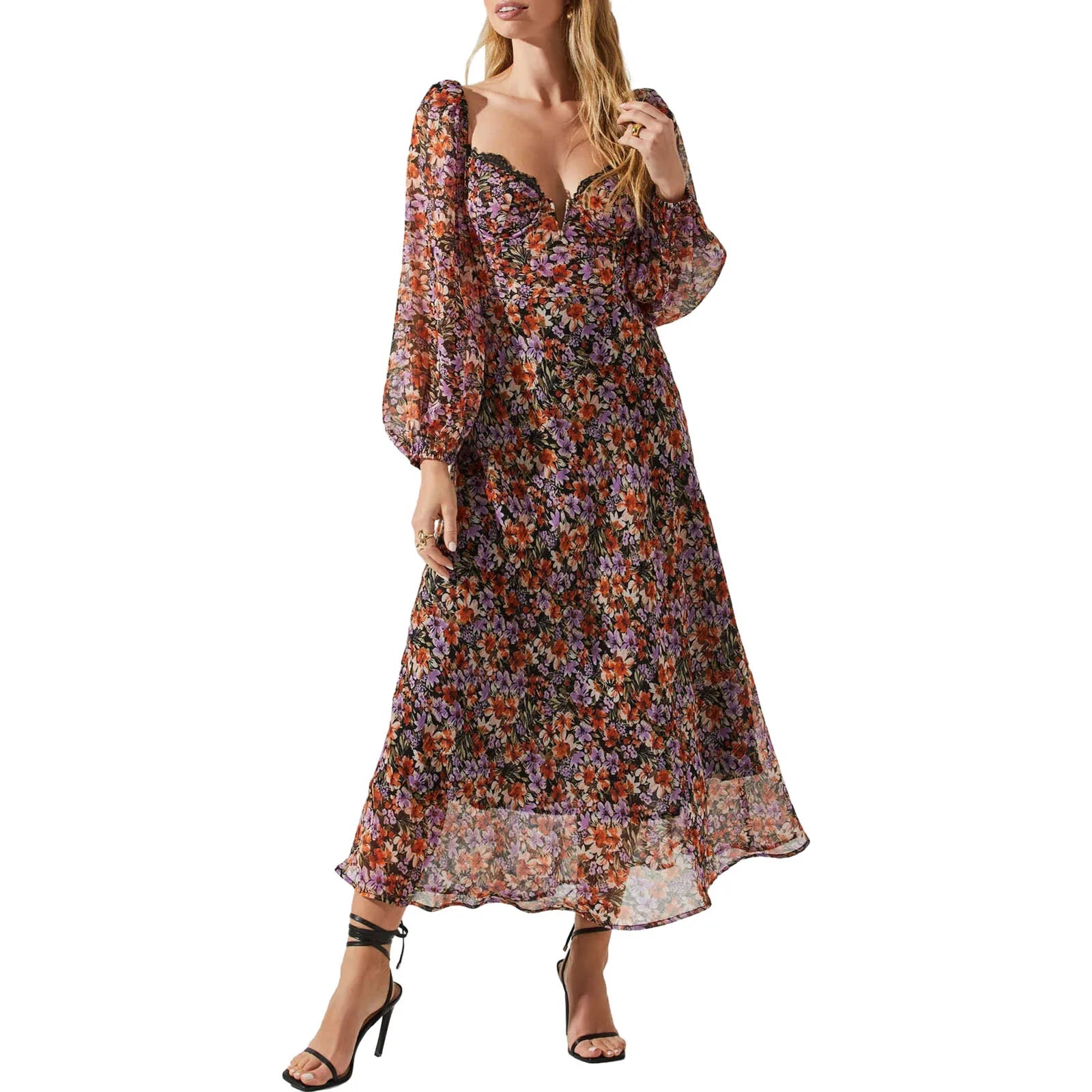 Floral Print Sweetheart Neckline Midi Dress with Puff Sleeves