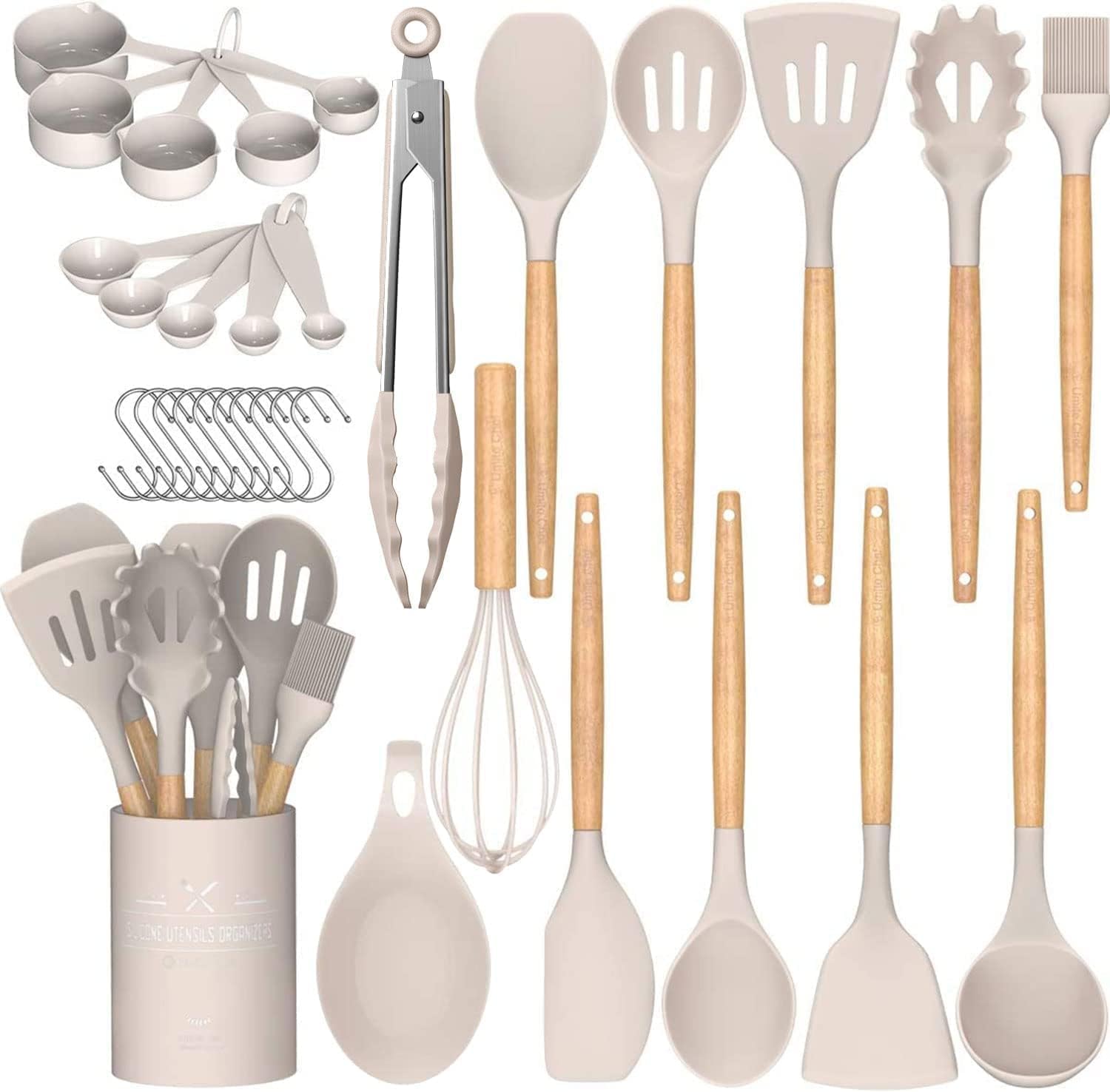 33 pcs Non-Stick Silicone Cooking Kitchen Utensils Spatula Set with Holder, Wooden Handle Silicone Kitchen Gadgets Utensil Set (Khaki)