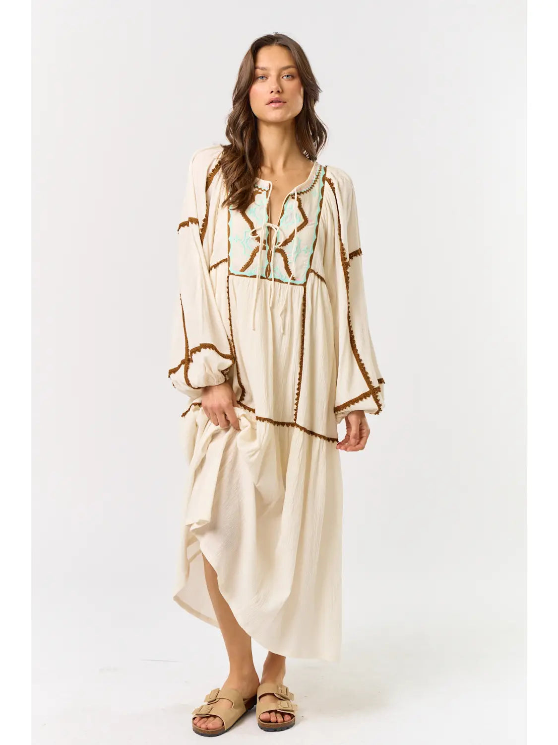 Embroidered Puff Long Sleeve Maxi