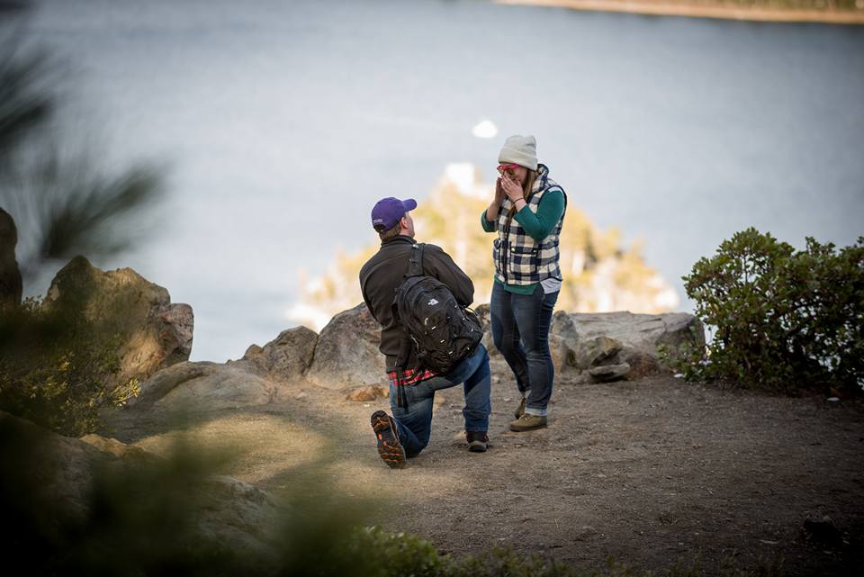 Carl Palmer proposes to his then girlfriend, Dezy. The couple stands near a cliff, looking over Emerald Bay. Carl is on one knee and Dezy looks shocked.