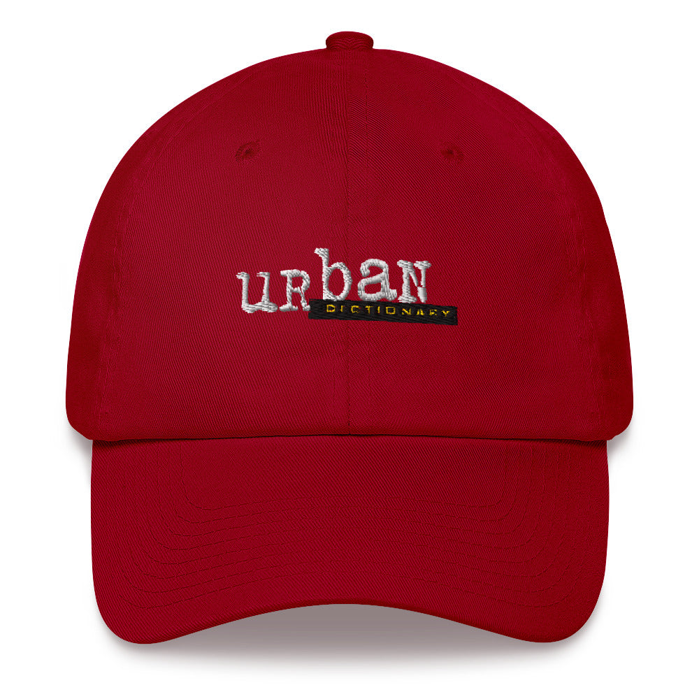 Baseball cap with 'urban dictionary' embroidered on the front