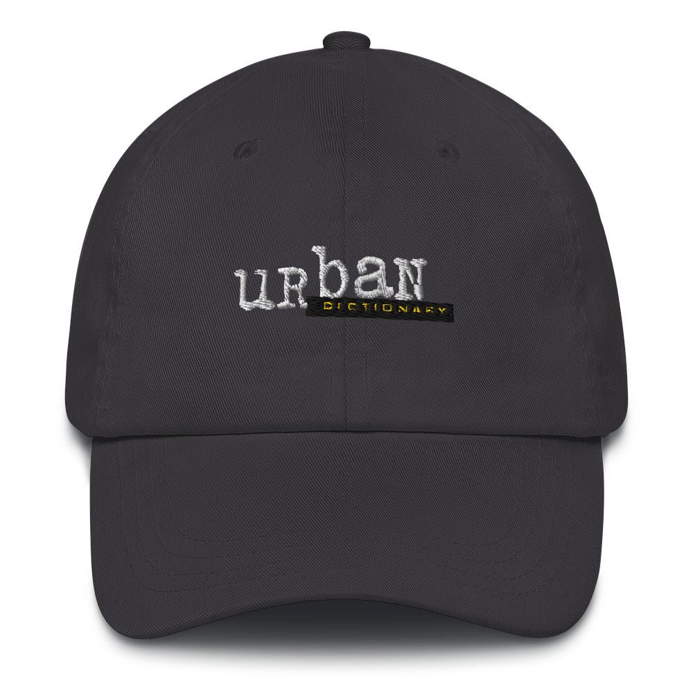 Baseball cap with 'urban dictionary' embroidered on the front