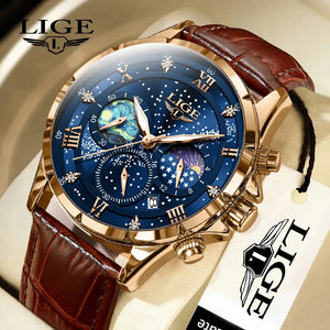 LIGE Men Watches Casual Sport Watch Men Luxury Waterproof Date Luminous Chronograph Stars Wristwatch Male Quartz Watch Leather - DannyStuff