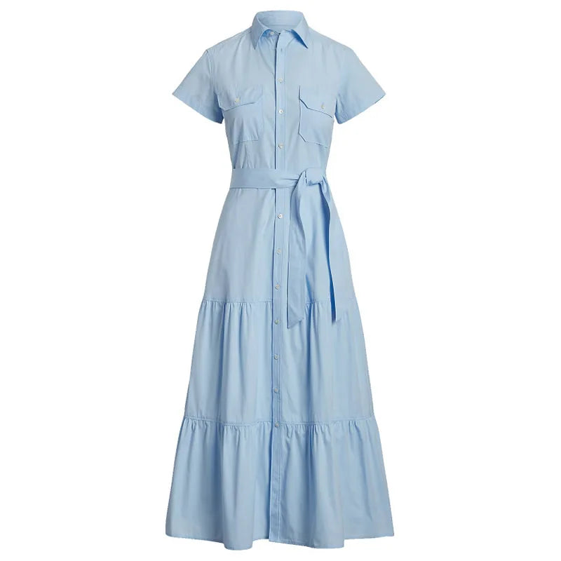 Elegant Women’s Blue Single Breasted Dress with Belt and Turn-Down Collar