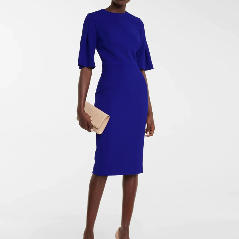 Women’s Elegant Blue O-Neck Office Dress for Professional Attire