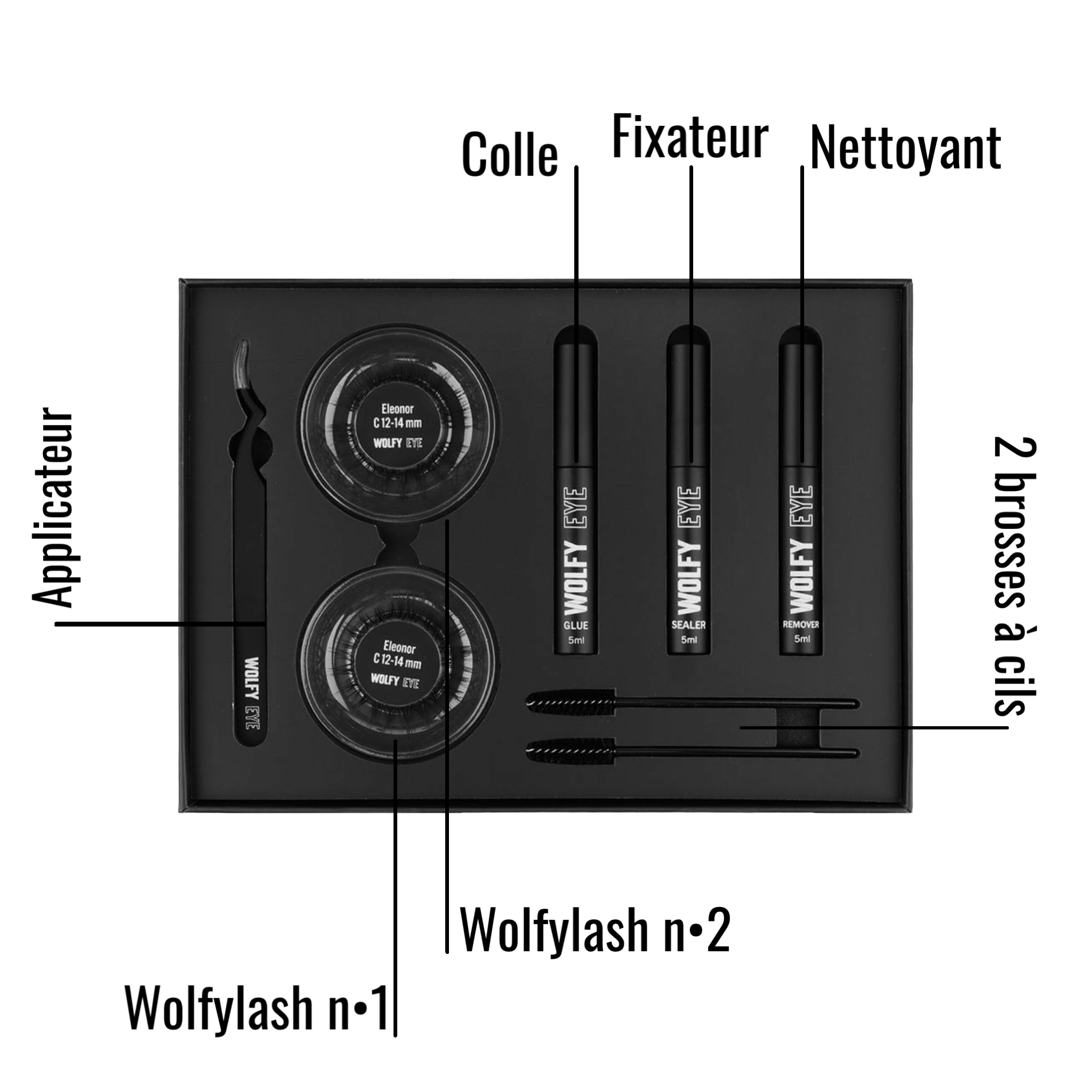 Contenu Kit d'extension de cils : 1 colle puissante, 1 sealer (fixateur), 1 remover (huile démaquillante), 2 paires de faux cils, 1 applicateur, 2 petites brosses