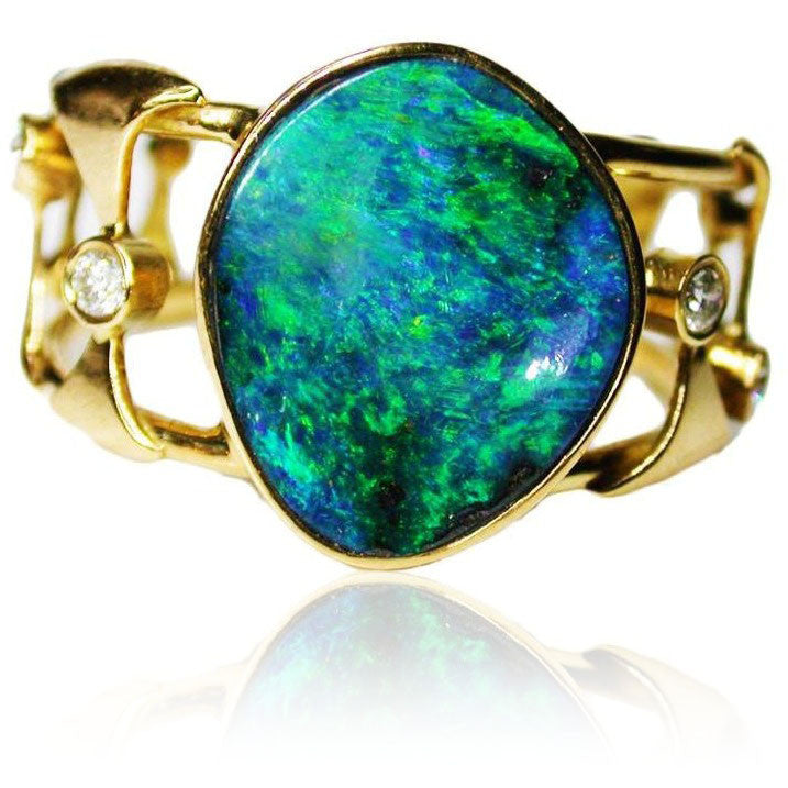 Green 18k Diamond Boulder Opal Ring | Sunriseopals