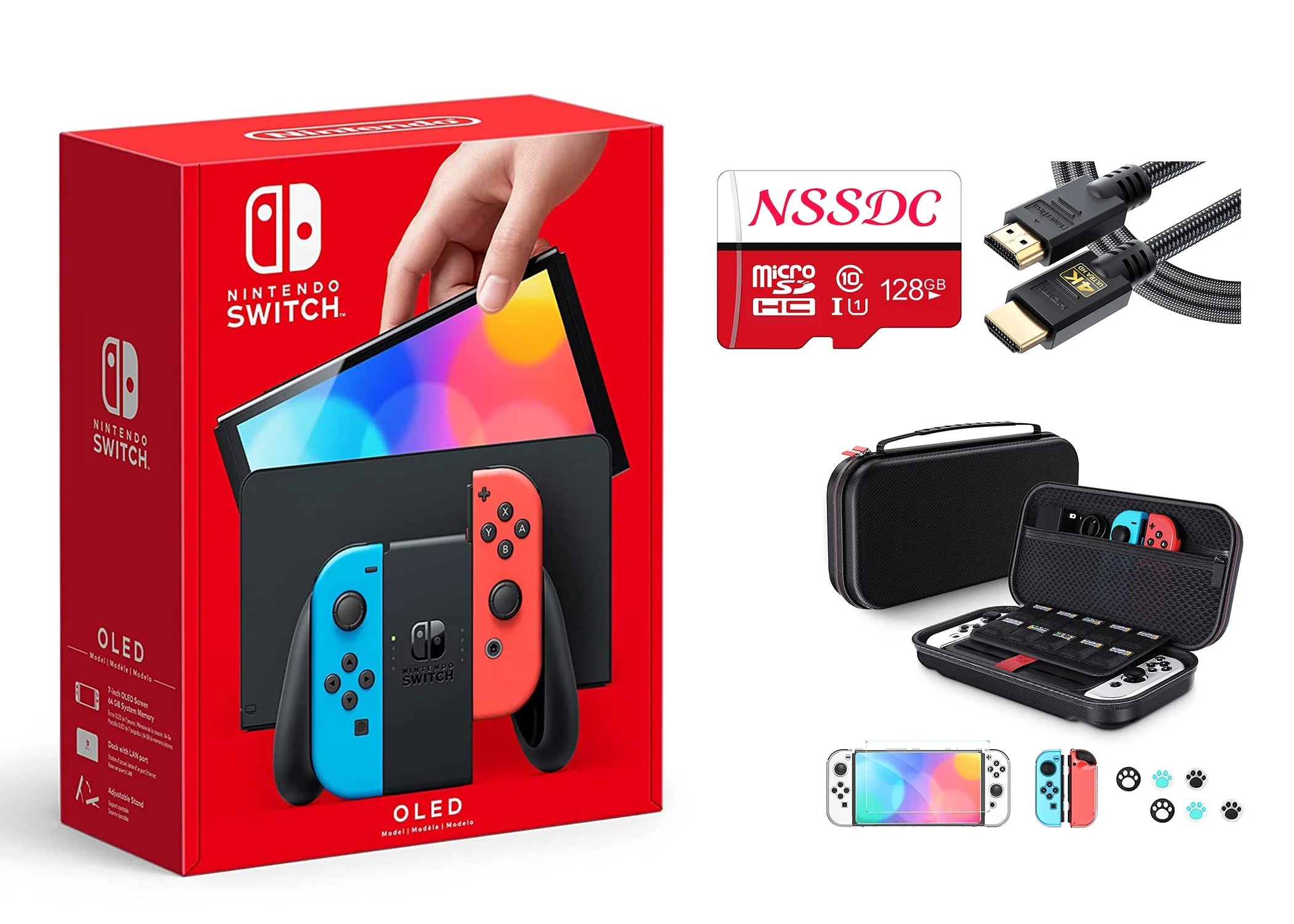 2022 Newest Nintendo Switch Oled Neon Joy-Con Console With NSSDC 128gb Storage Card, 10 in 1 Case and High Sped HDMI Bundl