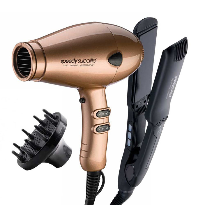 Supalite Professional Hairdryer - Gold with Speedy Pro Wide Plate Straightener