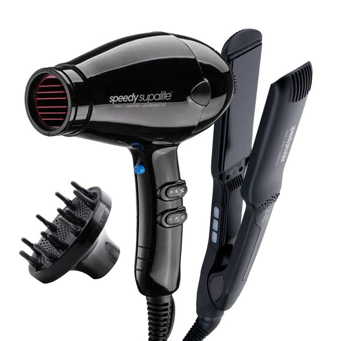 Supalite Professional Hairdryer - Black with Speedy Pro Wide Plate Straightener