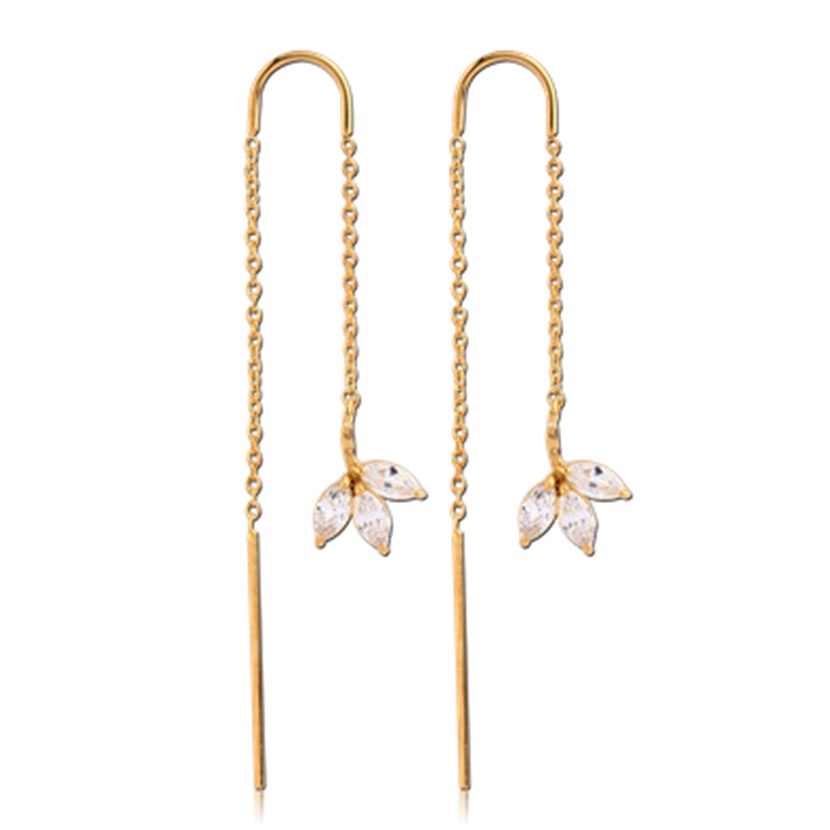 Earring Gold Chain 3 Leaf Pair- Gold Pvd