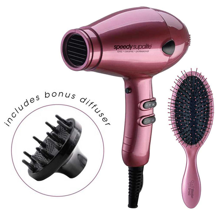 Supalite Professional Hairdryer with Diffuser & Bonus Wet & Dry Brush - Blush