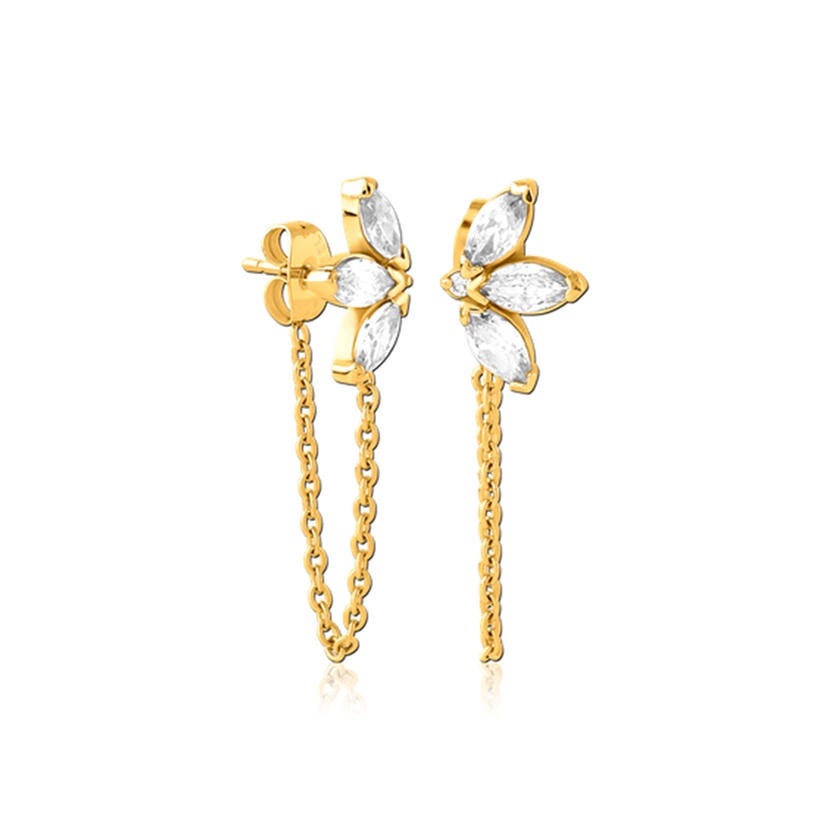 3 Leaf Fan Chain Earring Pair - Gold Pvd