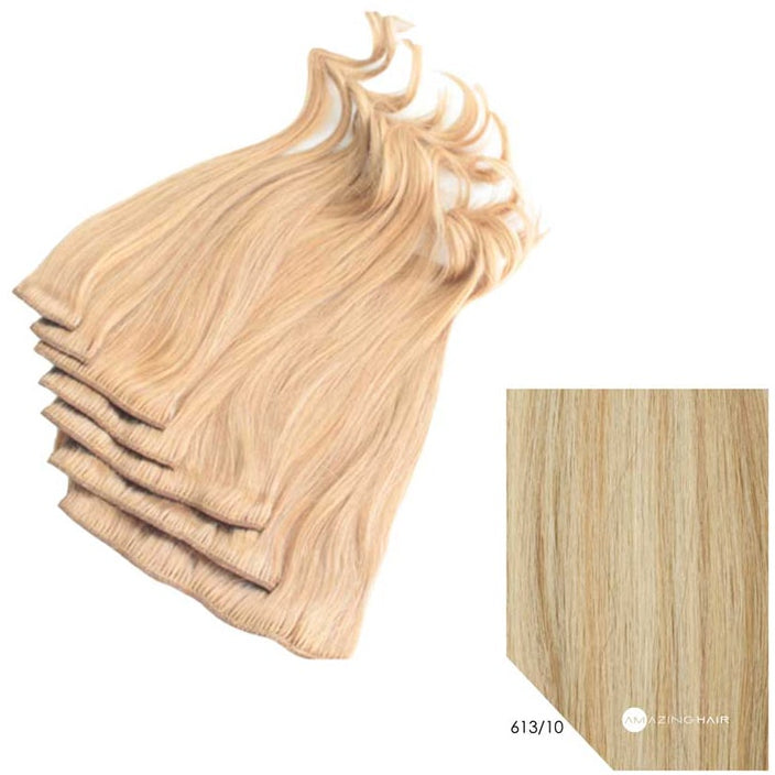 16" Human Hair 7pc Clip In - #613/10 Light Blonde/ Light Caramel