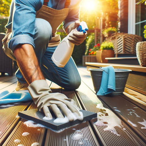 Maintaining Composite Decking, showing a person cleaning a composite deck with soap and water in a sunny outdoor setting