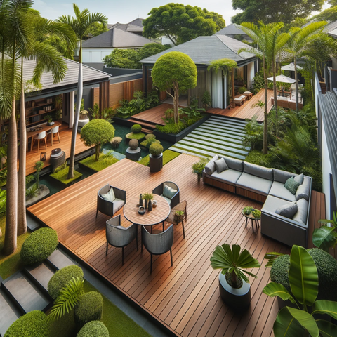 Overview of Composite Decking in an outdoor setting, showing a spacious deck with modern composite decking materials, surrounded by a lush garden.