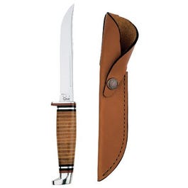 猎人刀，皮柄和鞘，5英寸。不锈钢刀片，9-1/2-In。总长度