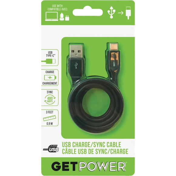 GetPower 3英尺黑色USB-C到USB-A充电/同步电缆