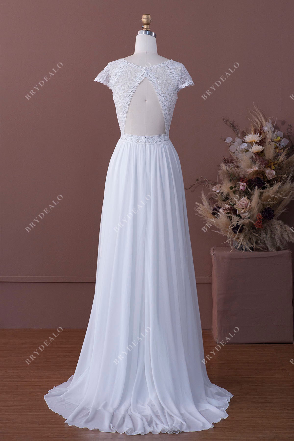 Sheer Neck Cap Sleeved Long Wedding Dress With Corset Low Back Lace Bodice Bridal  Gown With Removable Beaded Sash Bride Dress Custom Made From Bohobridal,  $105.53