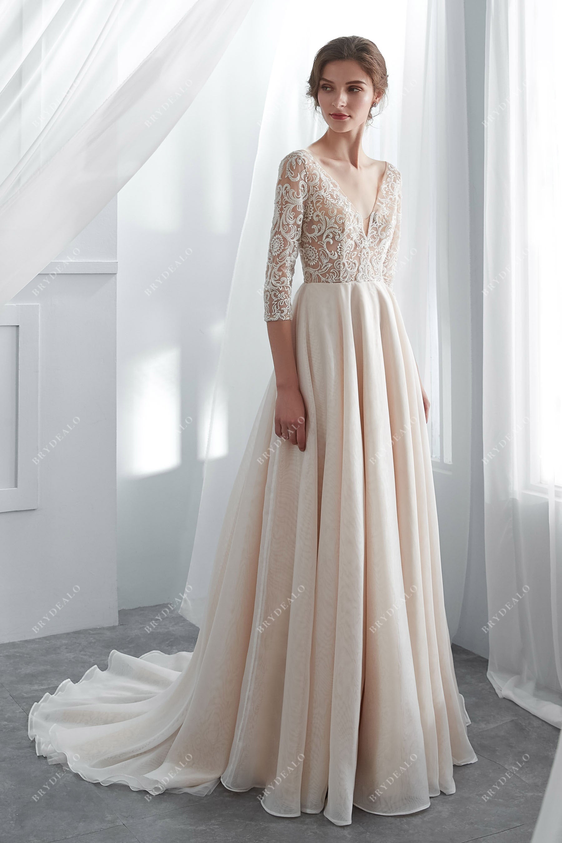 Illusion Lace and Tulle Champagne Wedding Dress - Xdressy