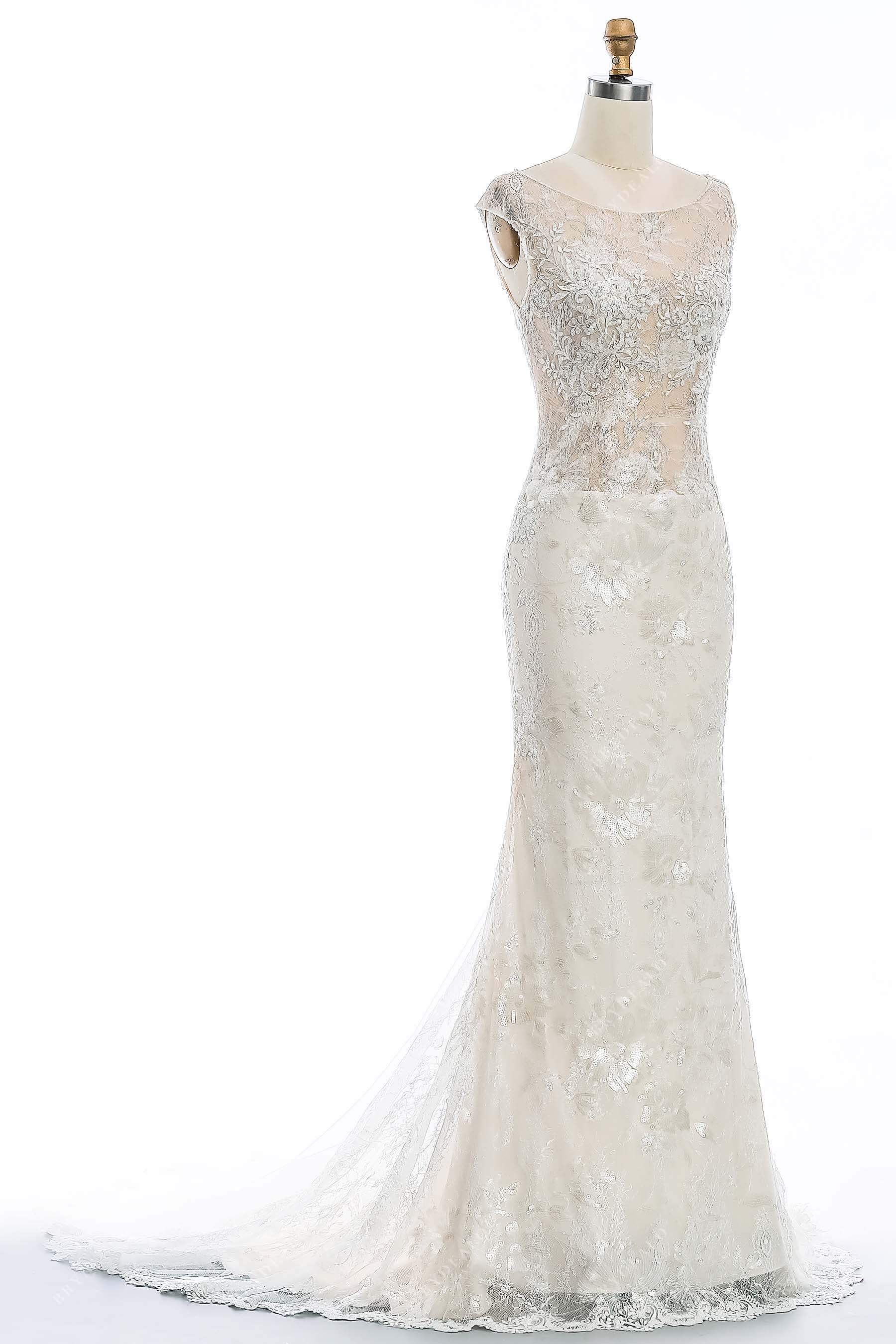 Beautiful Spring & Fall Wedding Dress: Illusion Bodice, Cap Sleeves, Lace  Godet