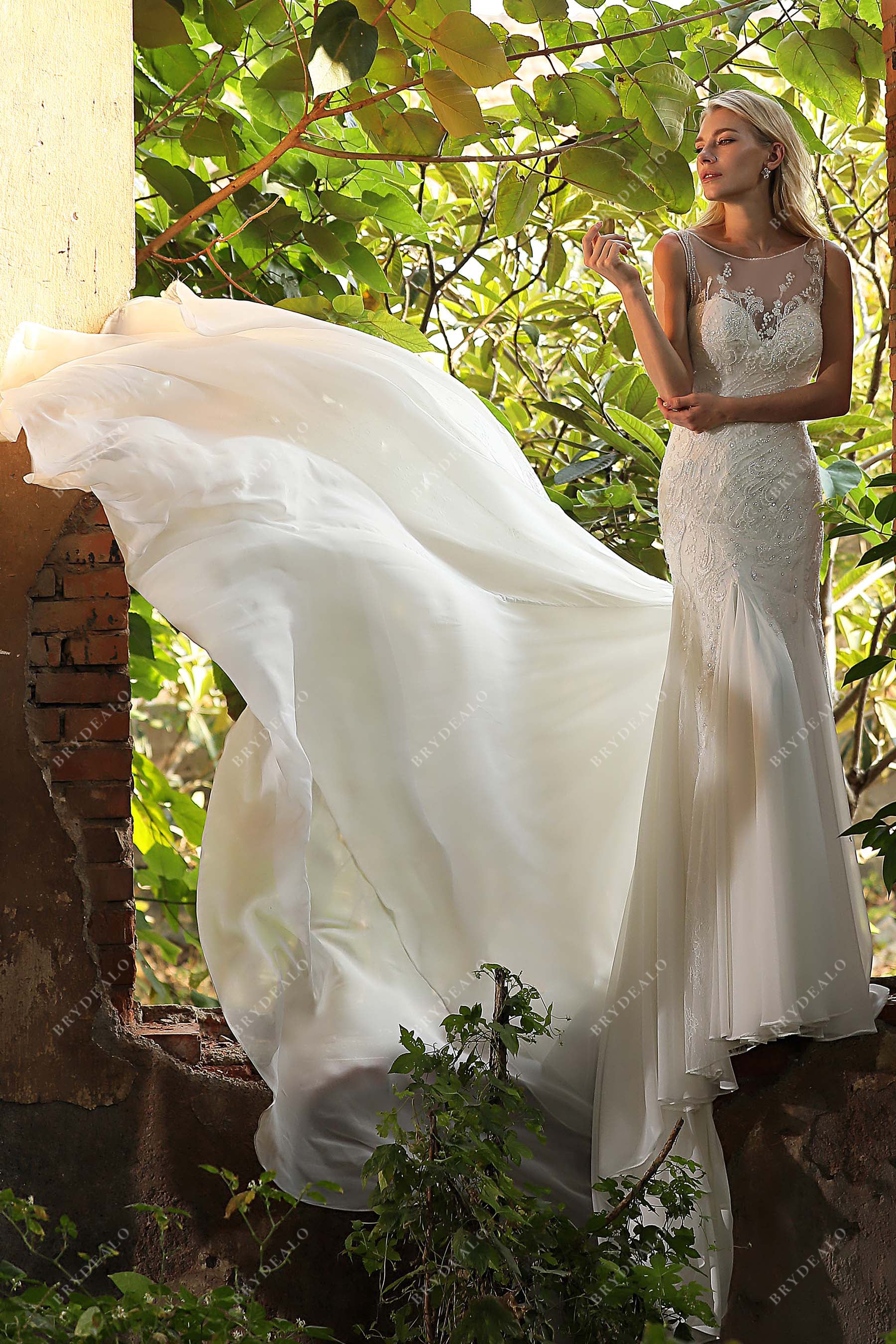 Feminine Illusion Chantilly Lace Mermaid Bridal Gown - BETANCY