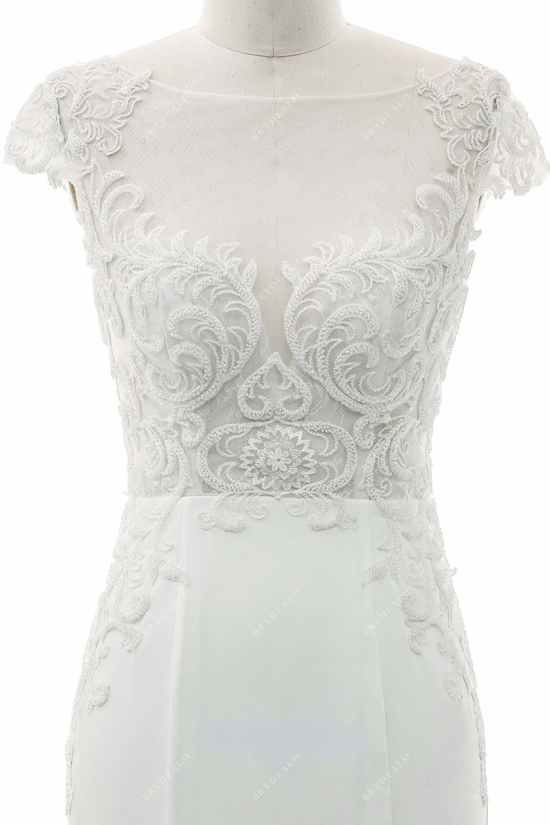 Beautiful Spring & Fall Wedding Dress: Illusion Bodice, Cap