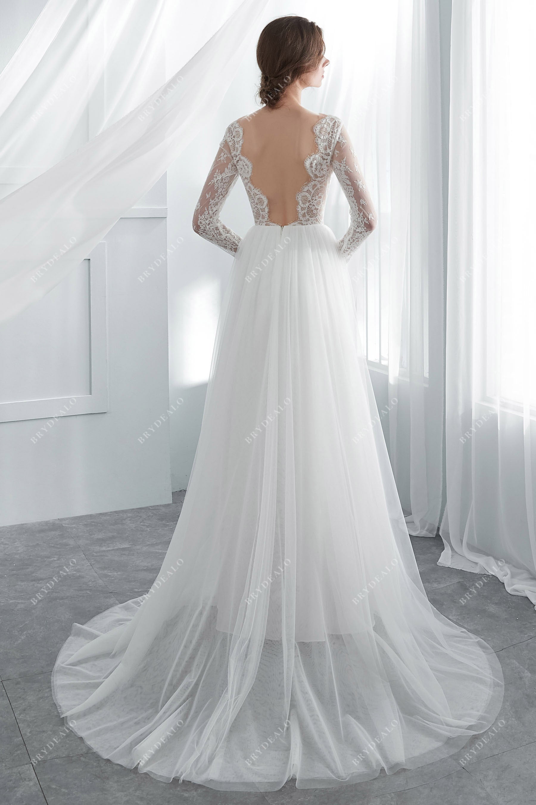 CY A Line Wedding Dresses Sheer Tulle V Neck with Side Split Floor Length  Lace Tulle Backless Bridal Gowns Ivory : : Clothing, Shoes &  Accessories