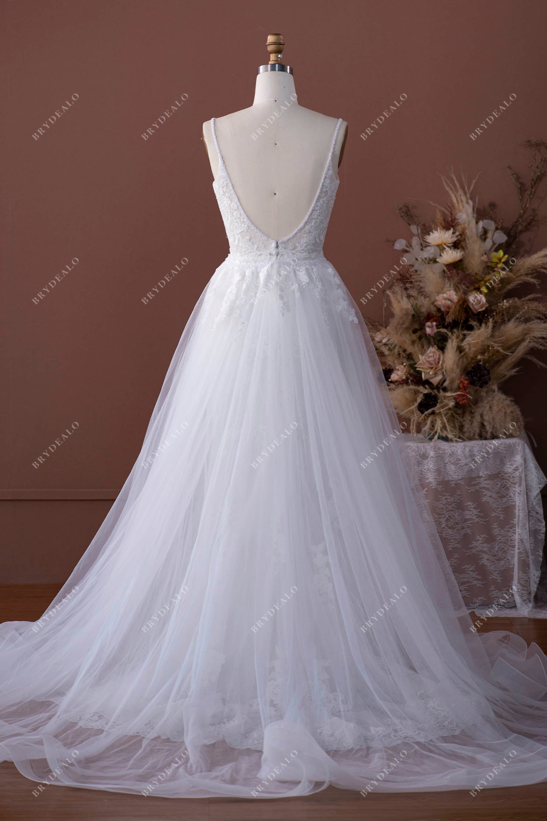 Beaded Lace Halter Bridal Dress with Detachable Overskirt - VQ