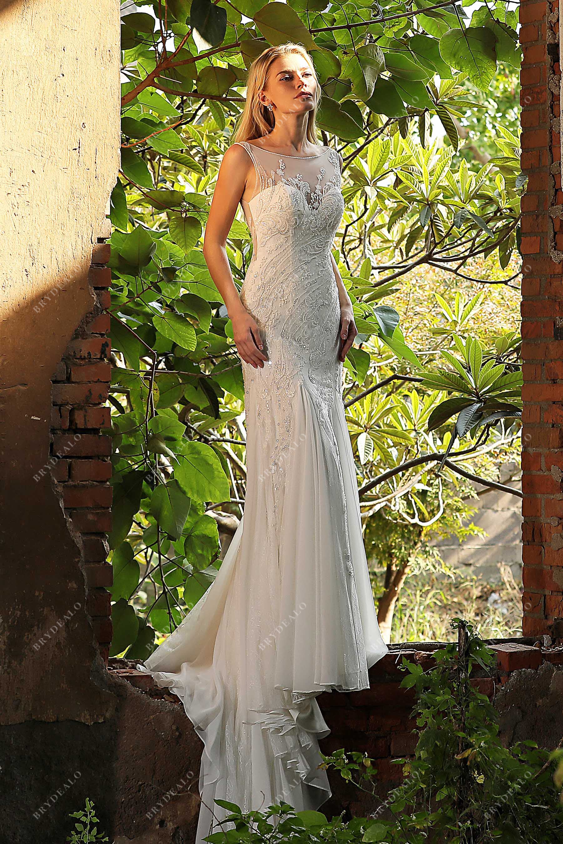  luolandi Sparkly Lace Wedding Dress Mermaid Illusion