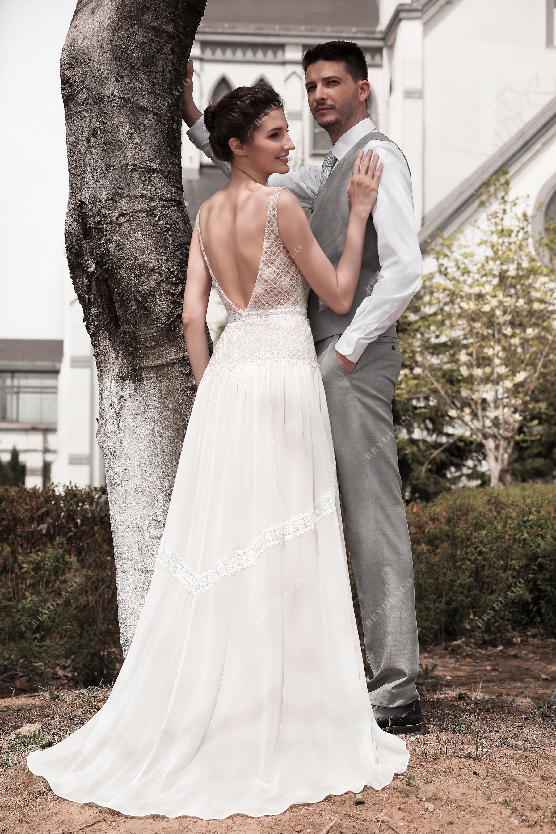 Bohemian Plunging Neckline A-Line Chiffon Wedding Dress With Open