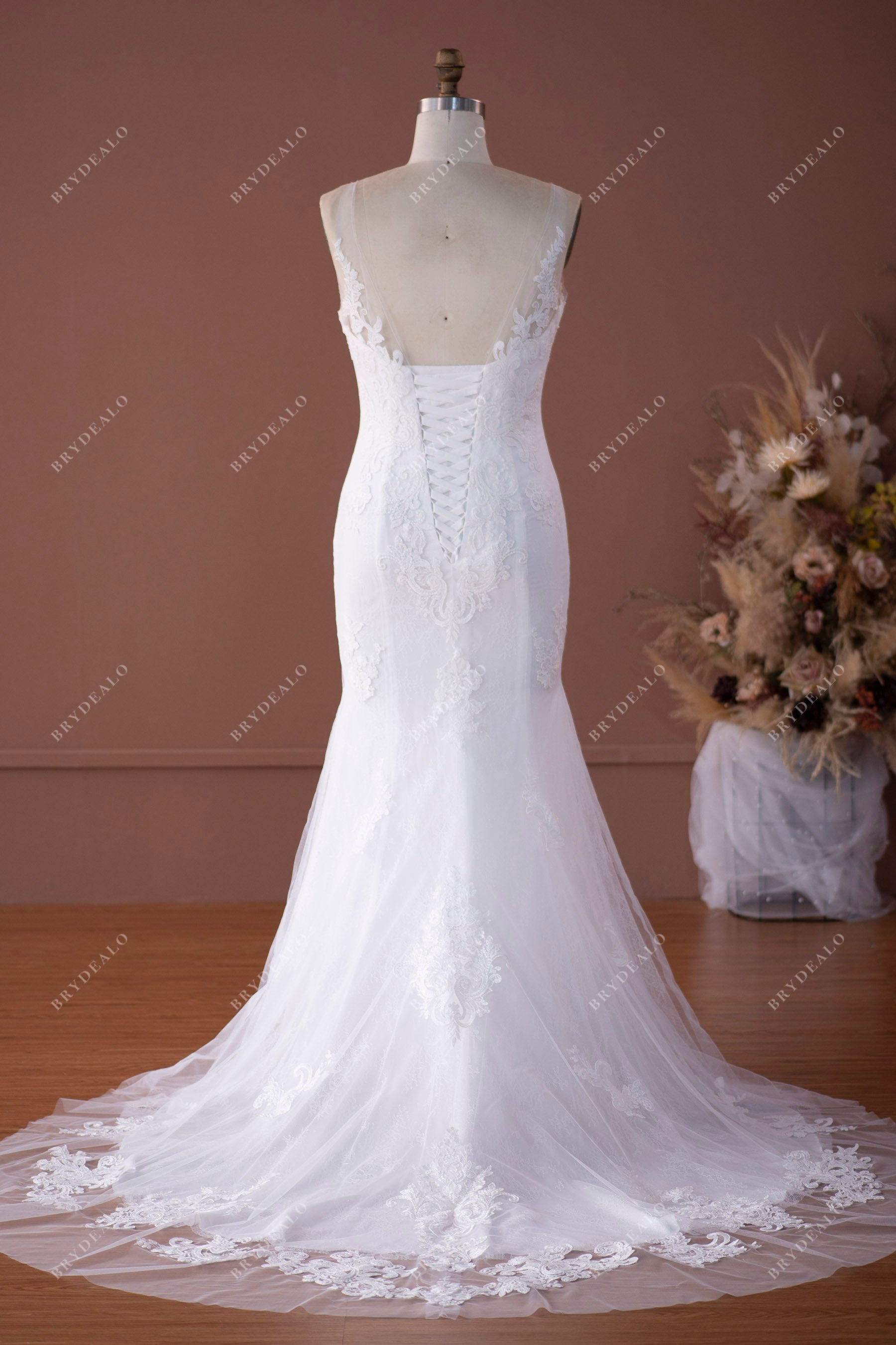 Spaghetti-Strap Lace Mermaid Style Wedding Dress Plus Size - Bridelily