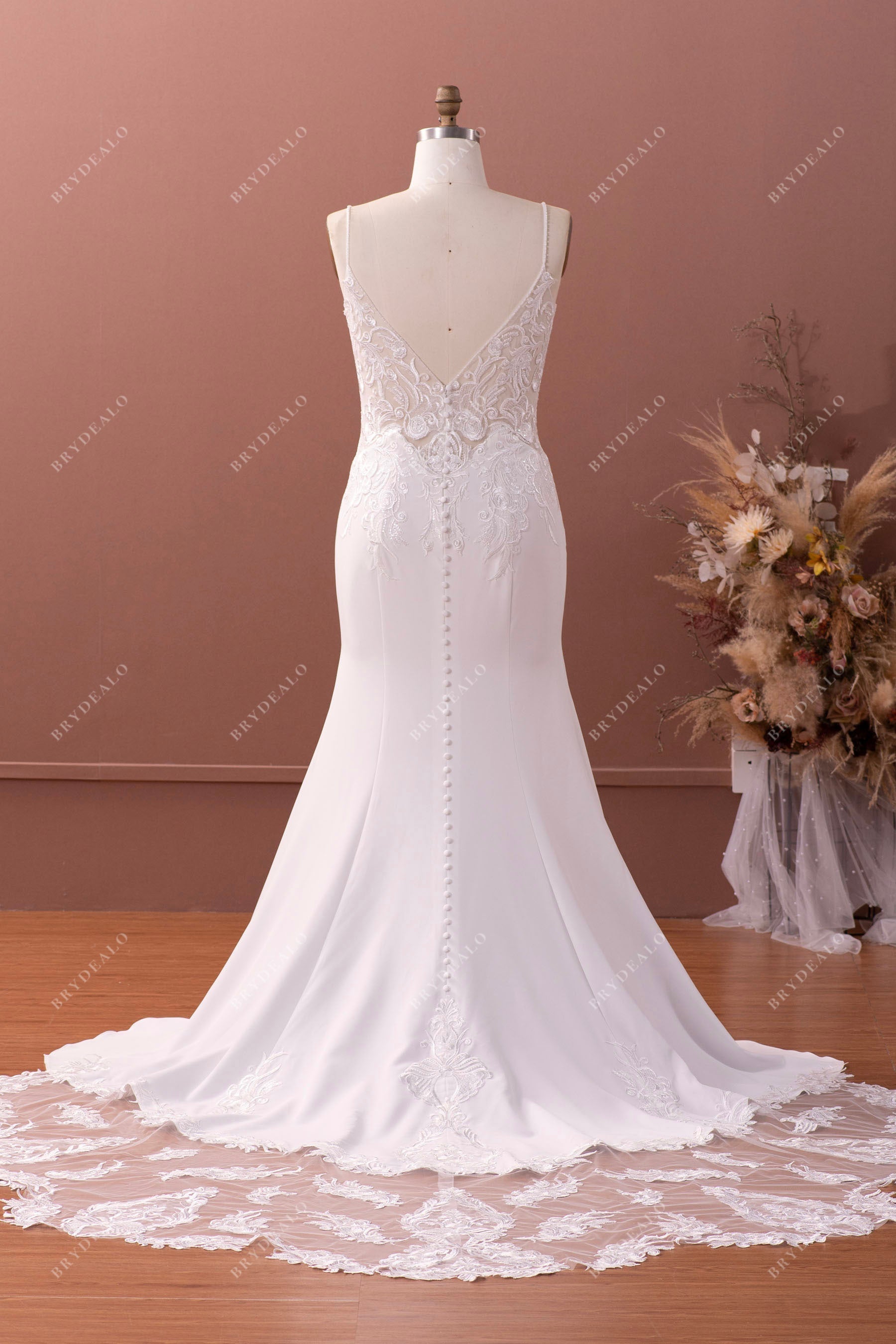 Sheer Back Crepe Wedding Dress with Lace Train